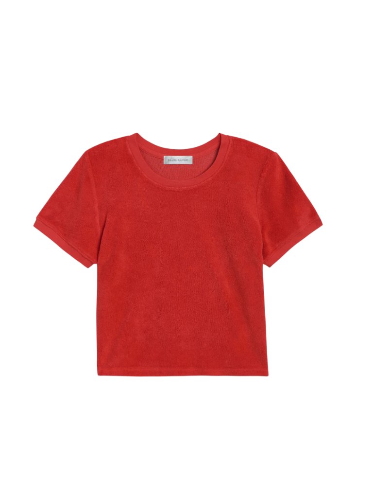 Suzie Kondi Carpi Terry T Tee Shirt Top Womens Large Red Crew Neck Short Sleeve